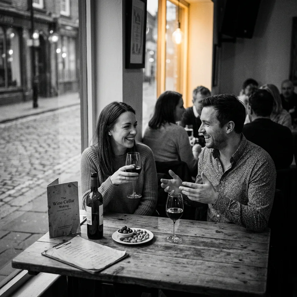 Inside a warmly lit Woking bar, two people talking across a small table with drinks