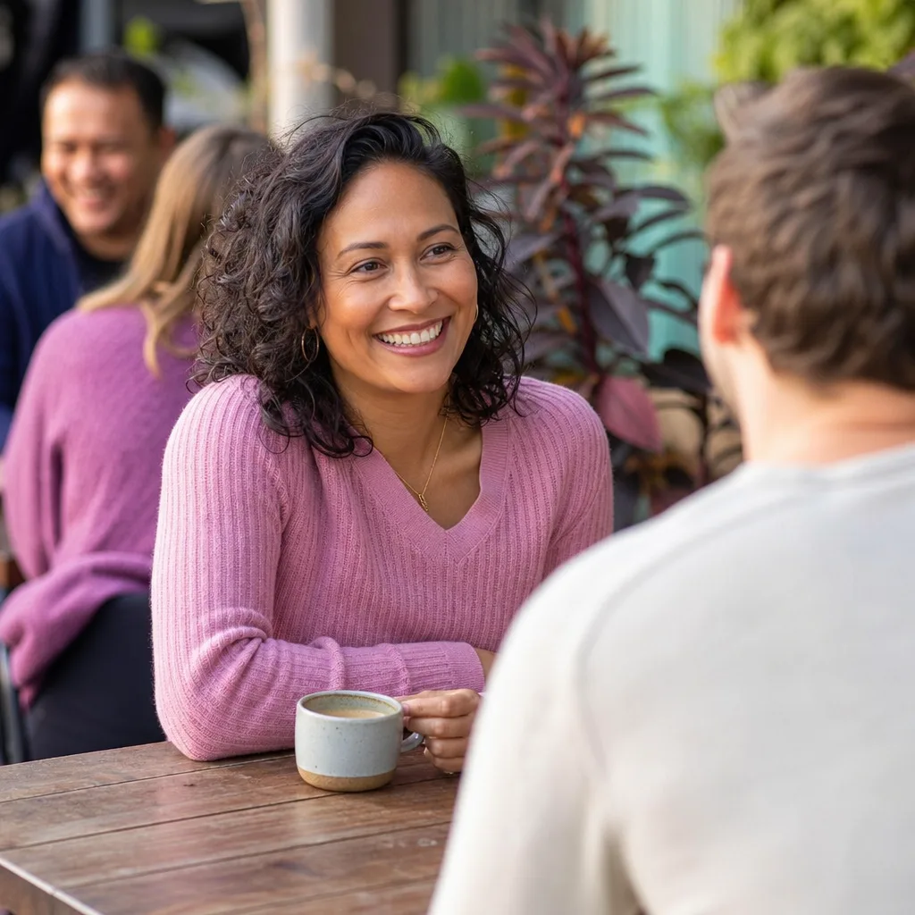 People talking at an outdoor table in central Woking