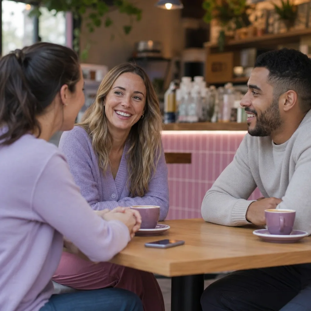 Phone showing a dating conversation beside a coffee cup in Woking